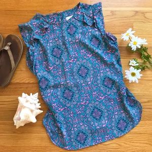 LOFT Pink/Teal Ruffle Blouse